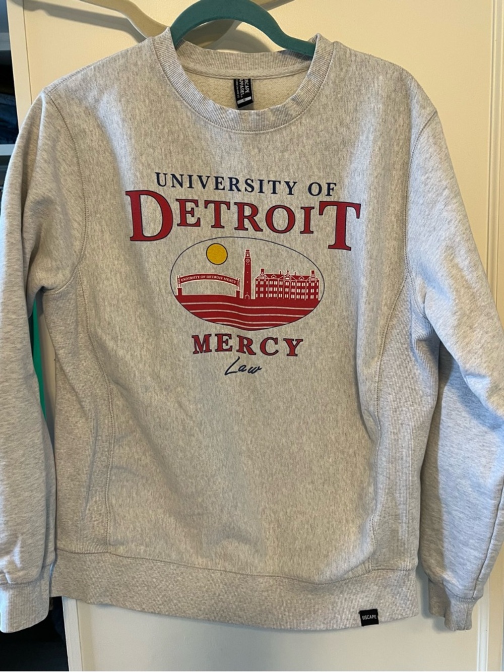 University of Detroit Mercy Law Crewneck Sweatshirt - Light Gray with Red